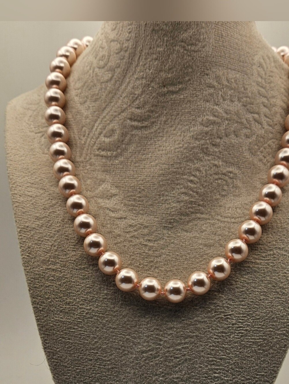Vintage Pink Faux Pearl Strand Necklace Silver Tone Magnetic Clasp Knotted